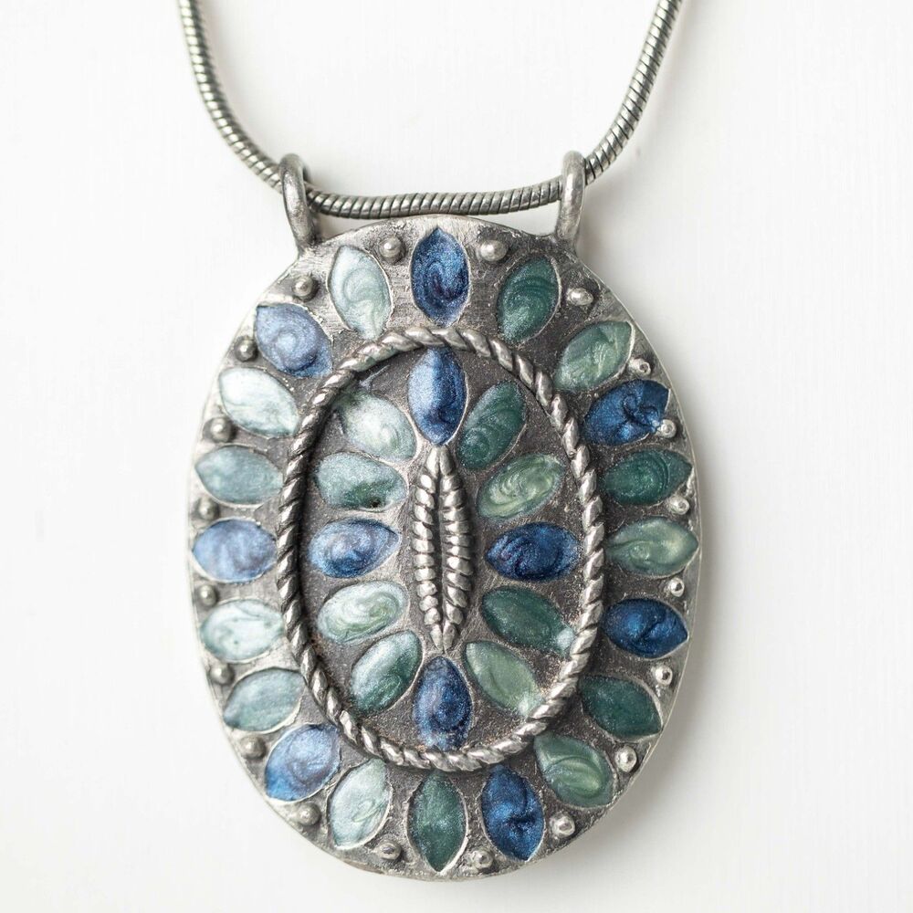 Oval Blue Green Enamel Pendant Necklace Silver Tone Snake Chain Boho Statement